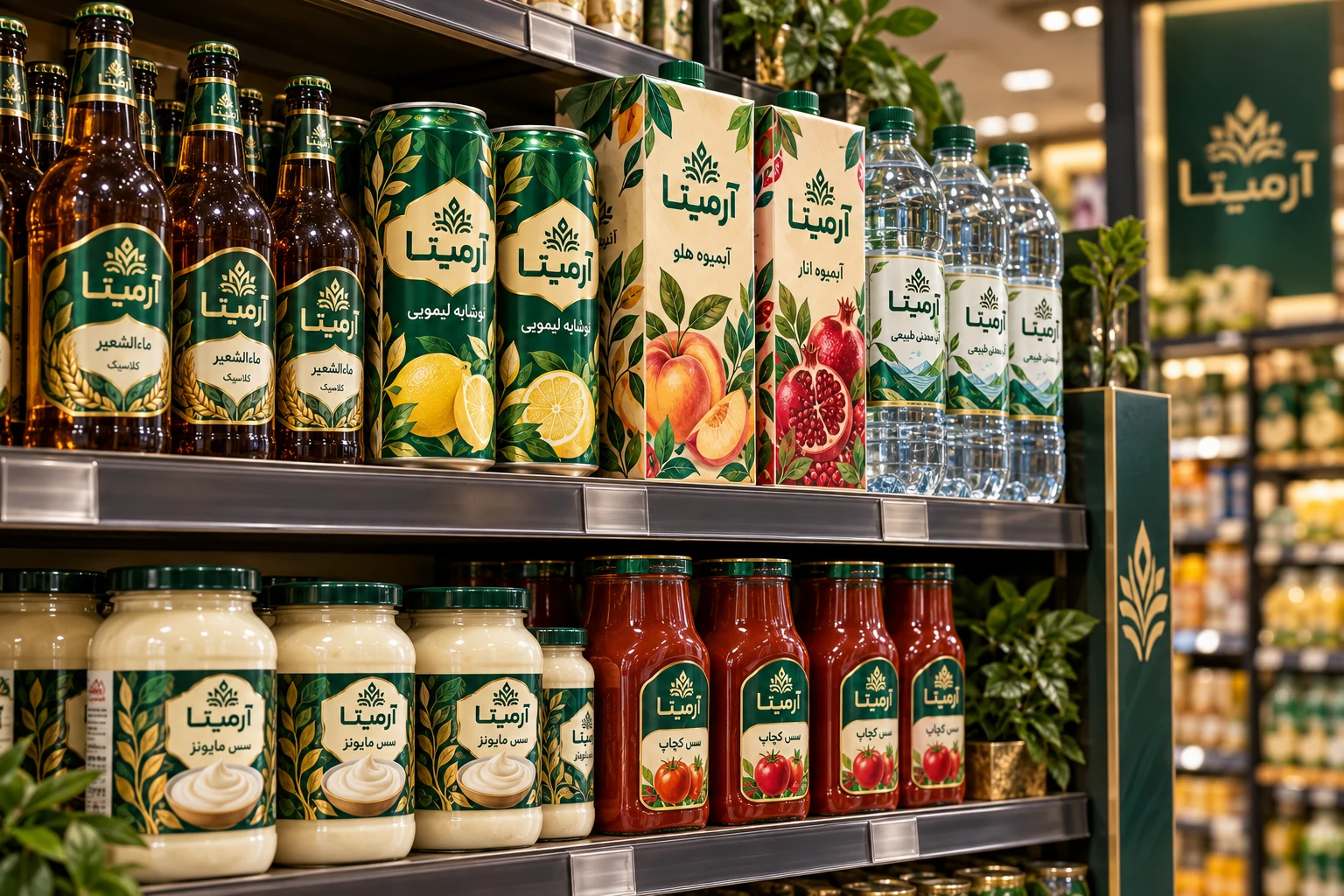 چیدمان مفهومی نوشیدنی‌ها و سس‌های آرمیتا در قفسه فروشگاه